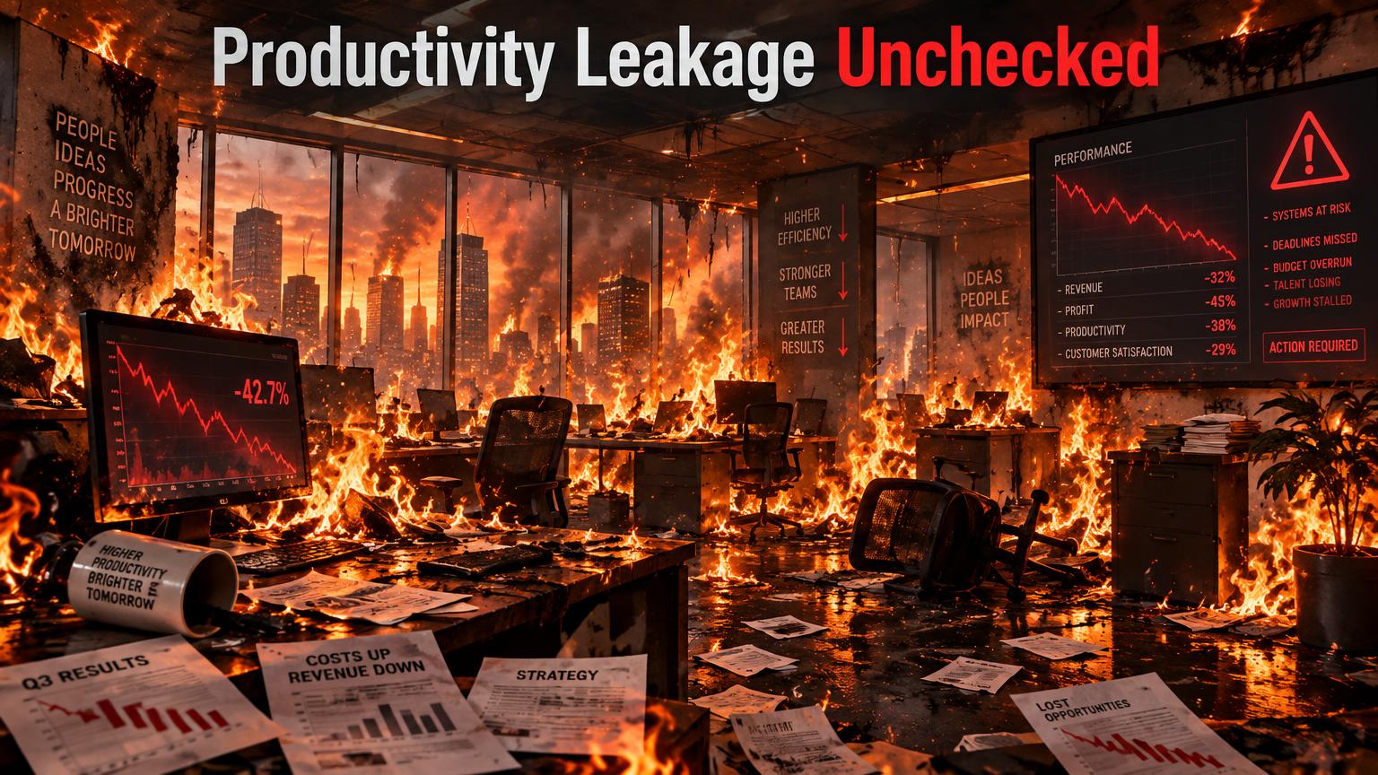 A workplace engulfed in flames, representing productivity leakage burning inside a business